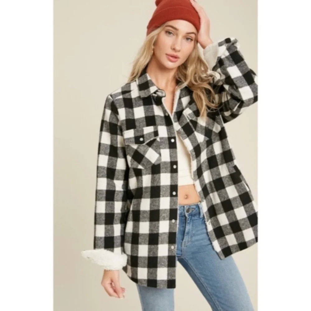 SOLD OUT Black Buffalo Plaid Sherpa Lined Shacket Shirt Jacket - Picture 2 of 6